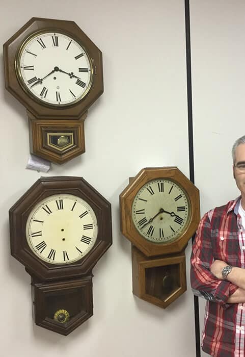 Pequegnat wall clocks and Ray Belanger, our watchmaker.